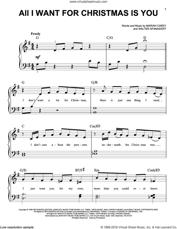 All I Want For Christmas Is You, (beginner) sheet music for piano solo by Mariah Carey and Walter Afanasieff, beginner skill level