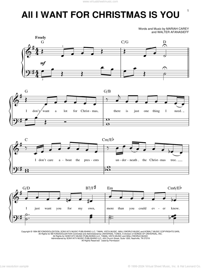 All I Want For Christmas Is You, (beginner) sheet music for piano solo by Mariah Carey and Walter Afanasieff, beginner skill level