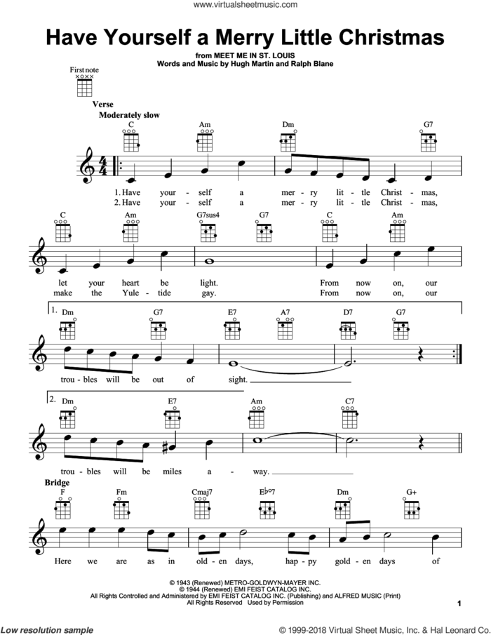 Have Yourself A Merry Little Christmas sheet music for ukulele by Hugh Martin and Ralph Blane, intermediate skill level