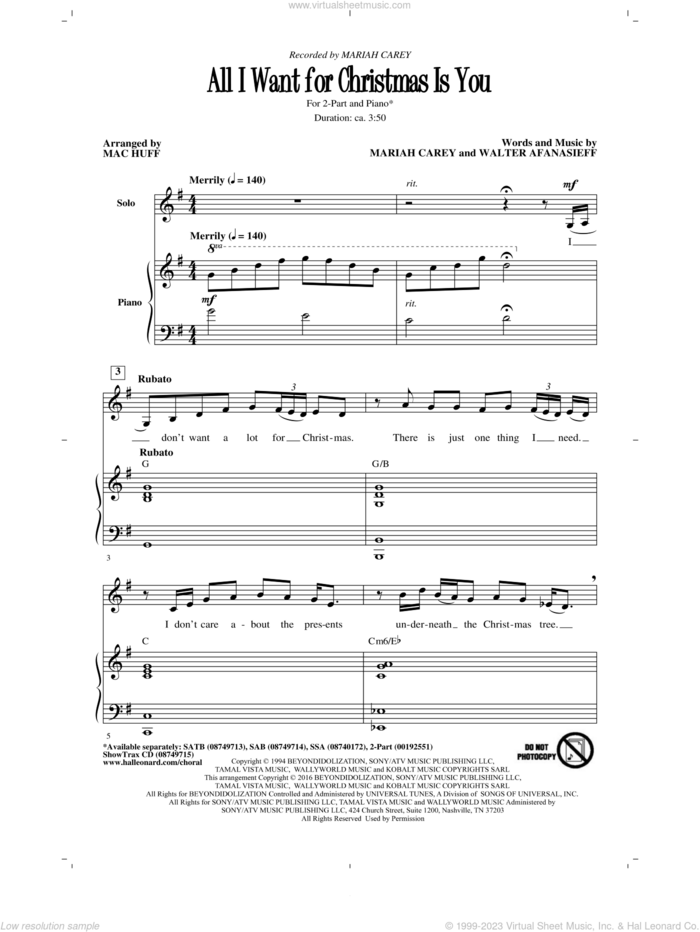All I Want For Christmas Is You (arr. Mac Huff) sheet music for choir (2-Part) by Mariah Carey, Mac Huff and Walter Afanasieff, intermediate duet