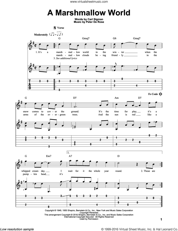 A Marshmallow World sheet music for guitar solo by Carl Sigman and Peter DeRose, intermediate skill level