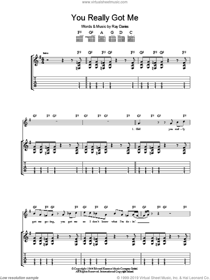 You Really Got Me sheet music for guitar (tablature) by The Kinks and Ray Davies, intermediate skill level