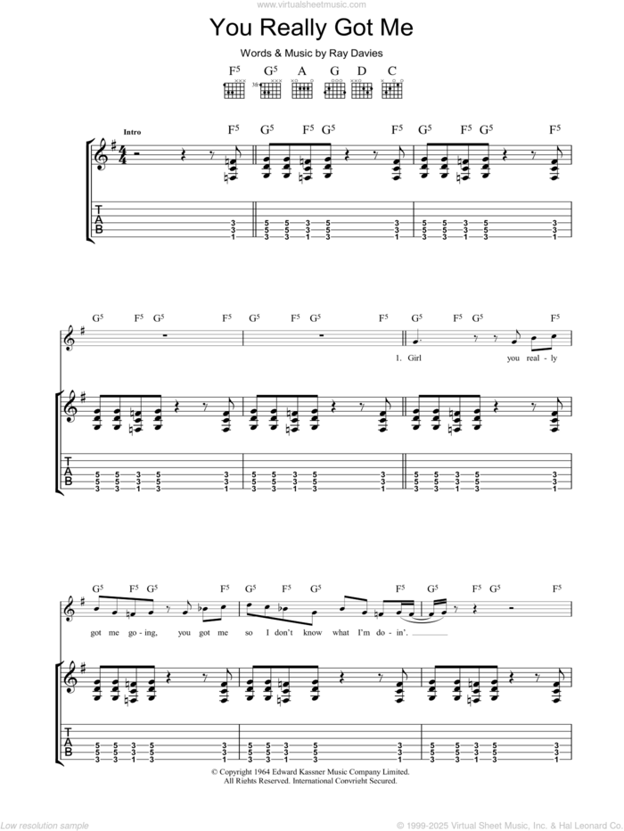You Really Got Me sheet music for guitar (tablature) by The Kinks and Ray Davies, intermediate skill level