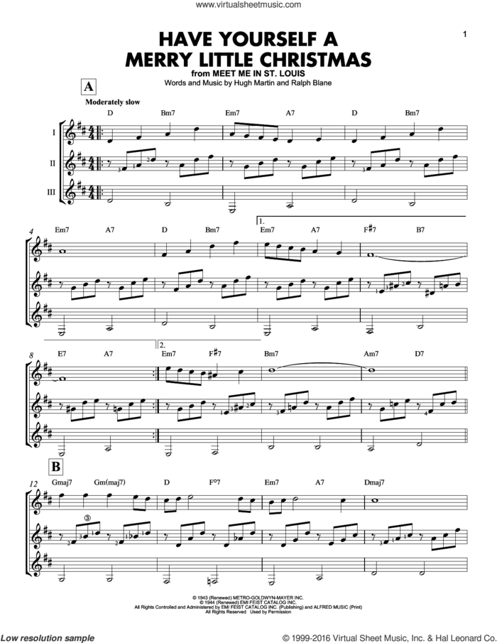Have Yourself A Merry Little Christmas sheet music for guitar ensemble by Hugh Martin and Ralph Blane, intermediate skill level