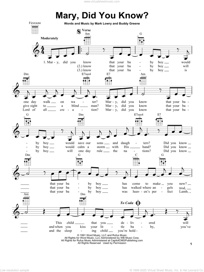 Mary, Did You Know? sheet music for ukulele by Buddy Greene, Kathy Mattea and Mark Lowry, intermediate skill level