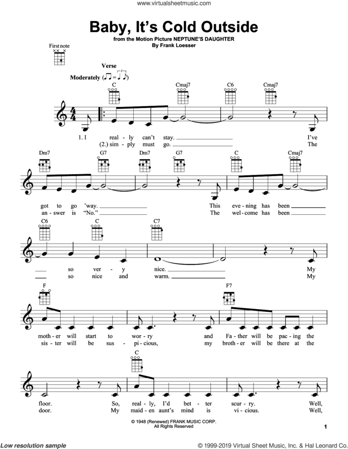 Baby, It's Cold Outside sheet music for ukulele by Frank Loesser, intermediate skill level
