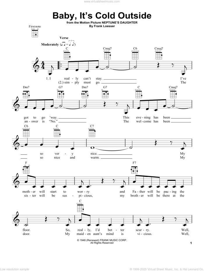 Baby, It's Cold Outside sheet music for ukulele by Frank Loesser, intermediate skill level