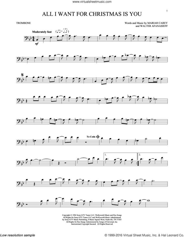All I Want For Christmas Is You sheet music for trombone solo by Mariah Carey and Walter Afanasieff, intermediate skill level