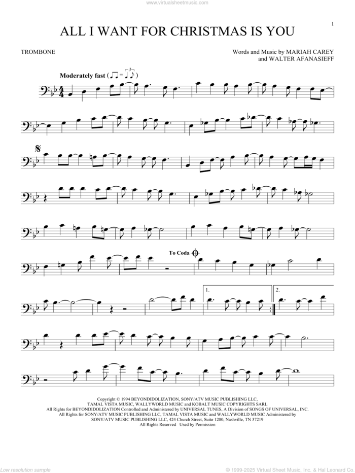 All I Want For Christmas Is You sheet music for trombone solo by Mariah Carey and Walter Afanasieff, intermediate skill level