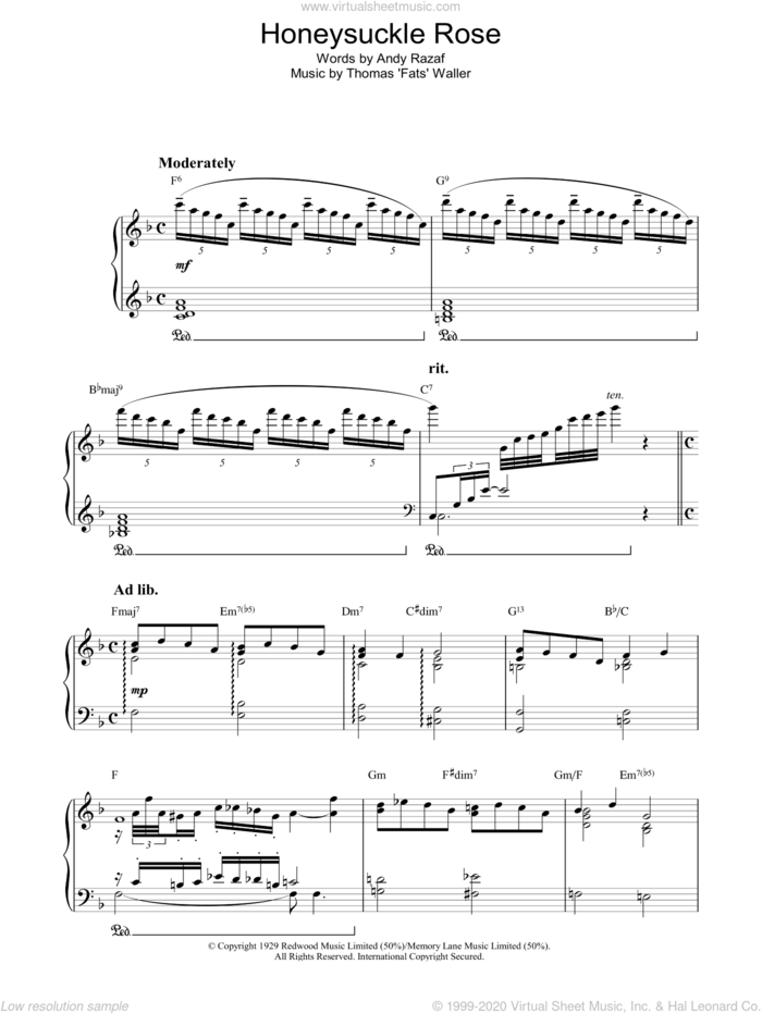 Honeysuckle Rose, (intermediate) sheet music for piano solo by Andy Razaf and Thomas Waller, intermediate skill level