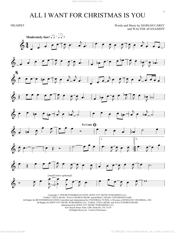 All I Want For Christmas Is You sheet music for trumpet solo by Mariah Carey and Walter Afanasieff, intermediate skill level