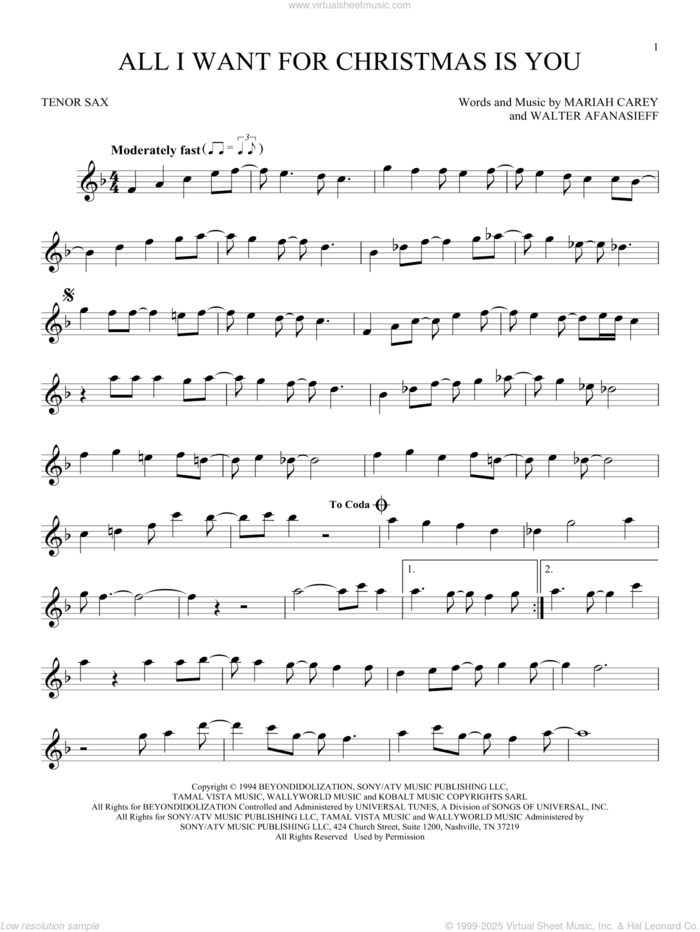 All I Want For Christmas Is You sheet music for tenor saxophone solo by Mariah Carey and Walter Afanasieff, intermediate skill level