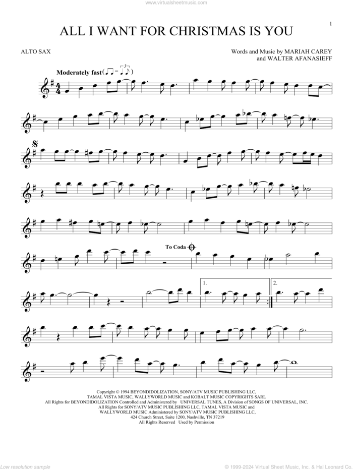 All I Want For Christmas Is You sheet music for alto saxophone solo by Mariah Carey and Walter Afanasieff, intermediate skill level