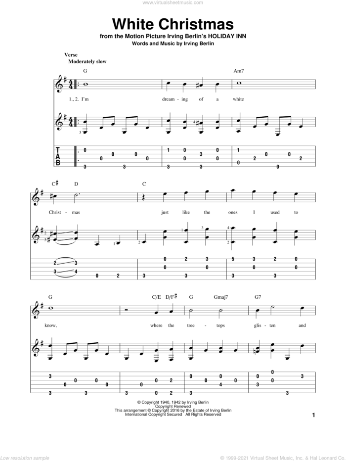 White Christmas, (intermediate) sheet music for guitar solo by Irving Berlin, intermediate skill level
