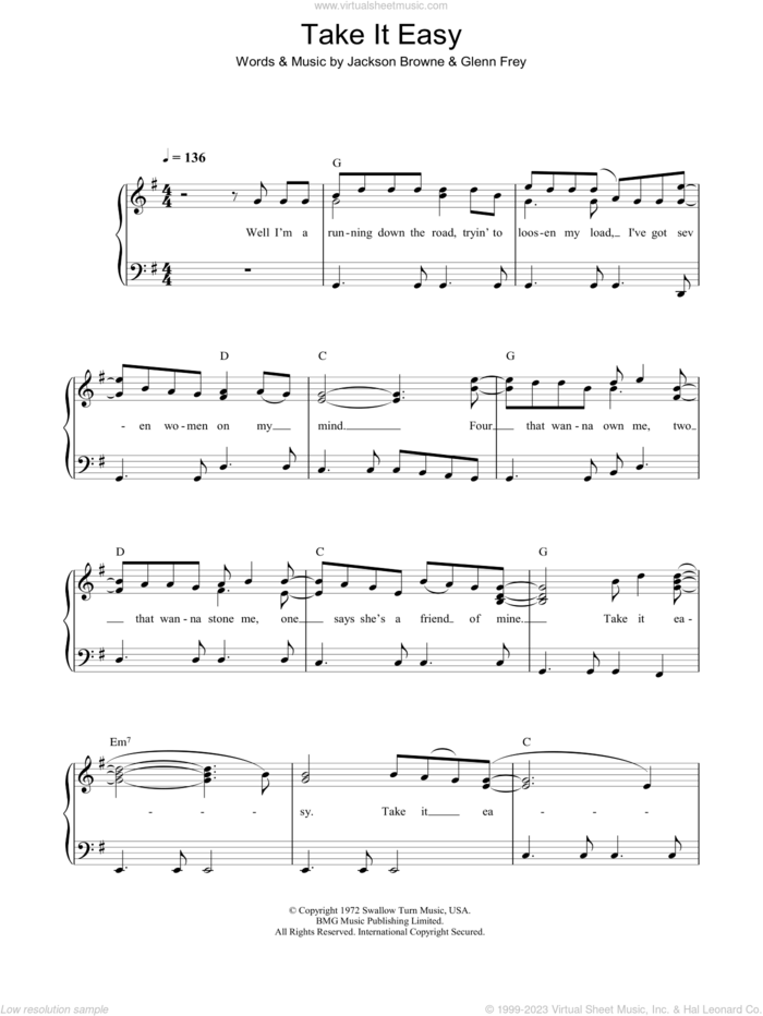 Take It Easy sheet music for piano solo by Glenn Frey, The Eagles and Jackson Browne, easy skill level