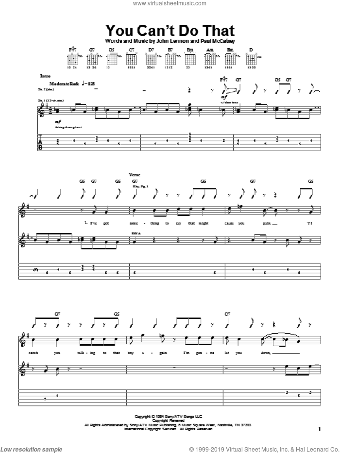 You Can't Do That sheet music for guitar (tablature) by The Beatles, John Lennon and Paul McCartney, intermediate skill level