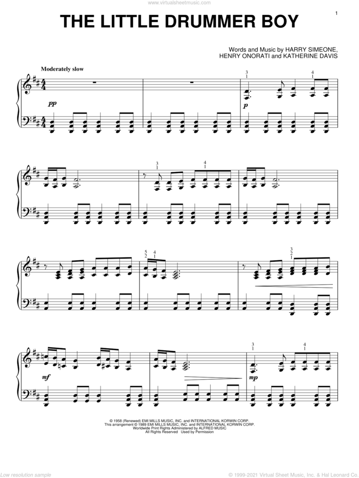 The Little Drummer Boy sheet music for piano solo by Katherine Davis, Harry Simeone and Henry Onorati, intermediate skill level