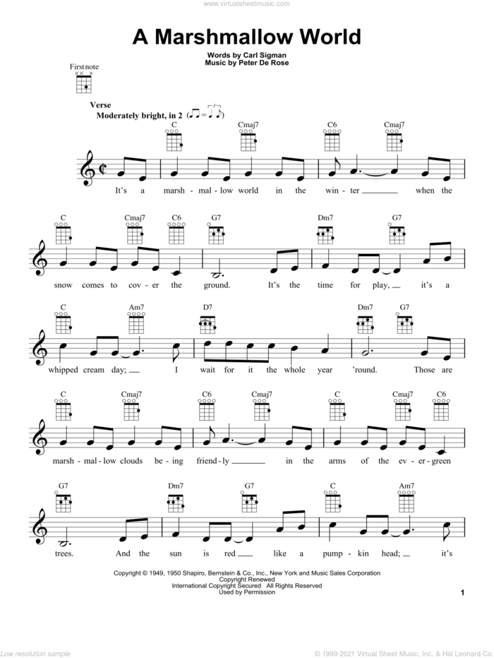 A Marshmallow World sheet music for ukulele by Carl Sigman and Peter DeRose, intermediate skill level