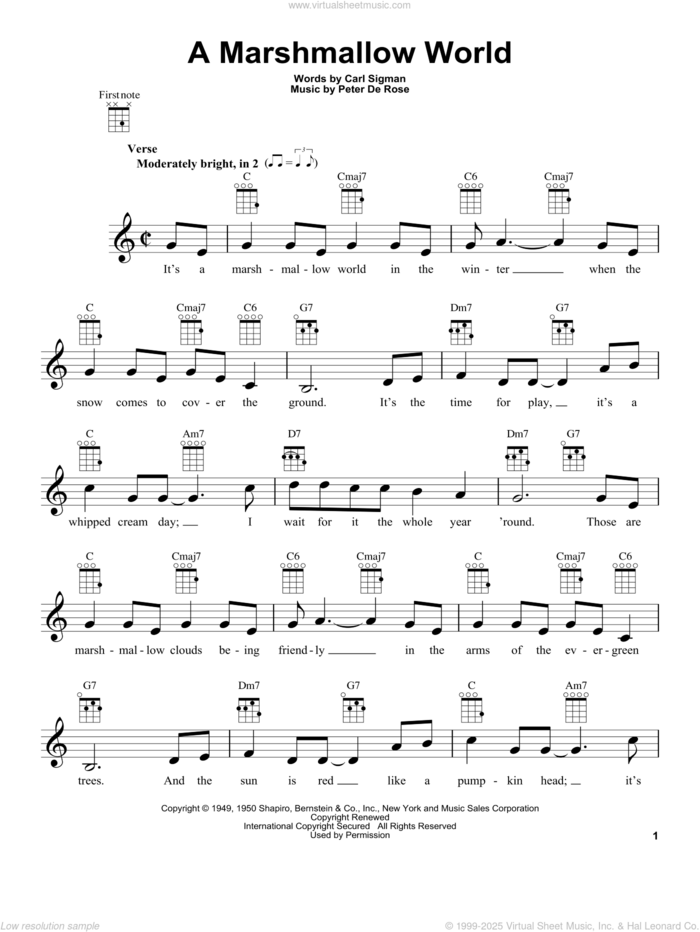 A Marshmallow World sheet music for ukulele by Carl Sigman and Peter DeRose, intermediate skill level