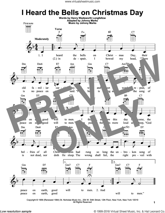 I Heard The Bells On Christmas Day sheet music for ukulele by Johnny Marks and Henry Wadsworth Longfellow, intermediate skill level