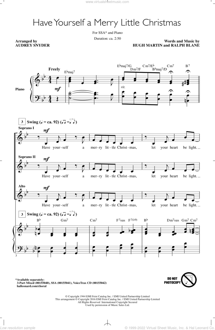 Have Yourself A Merry Little Christmas sheet music for choir (SSA: soprano, alto) by Hugh Martin, Audrey Snyder and Ralph Blane, intermediate skill level