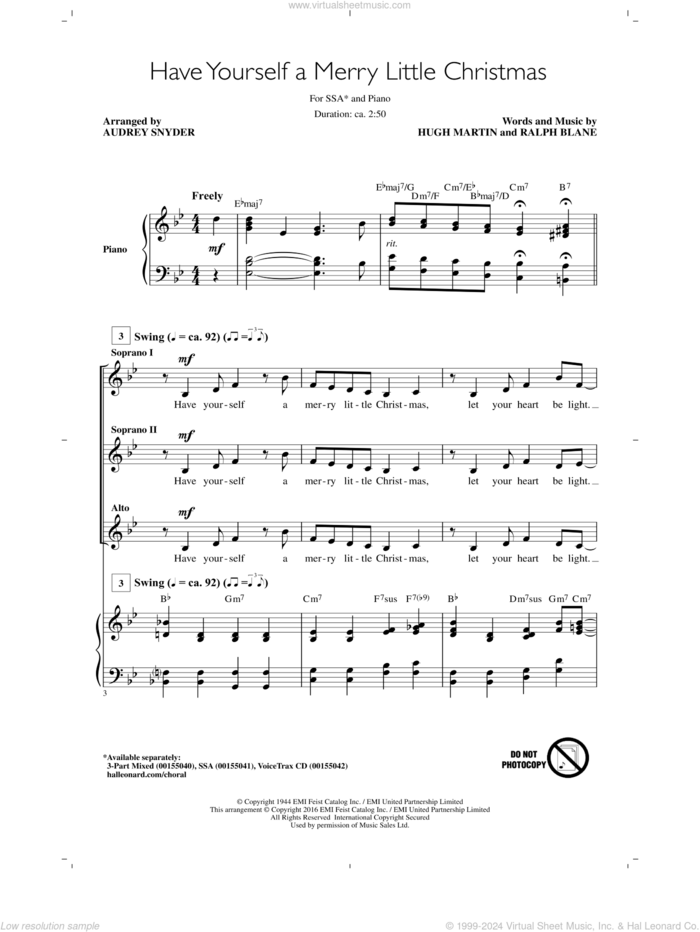 Have Yourself A Merry Little Christmas sheet music for choir (SSA: soprano, alto) by Hugh Martin, Audrey Snyder and Ralph Blane, intermediate skill level