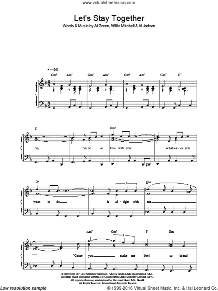 Let's Stay Together sheet music for piano solo by Al Green, Al Jackson and Willie Mitchell, easy skill level