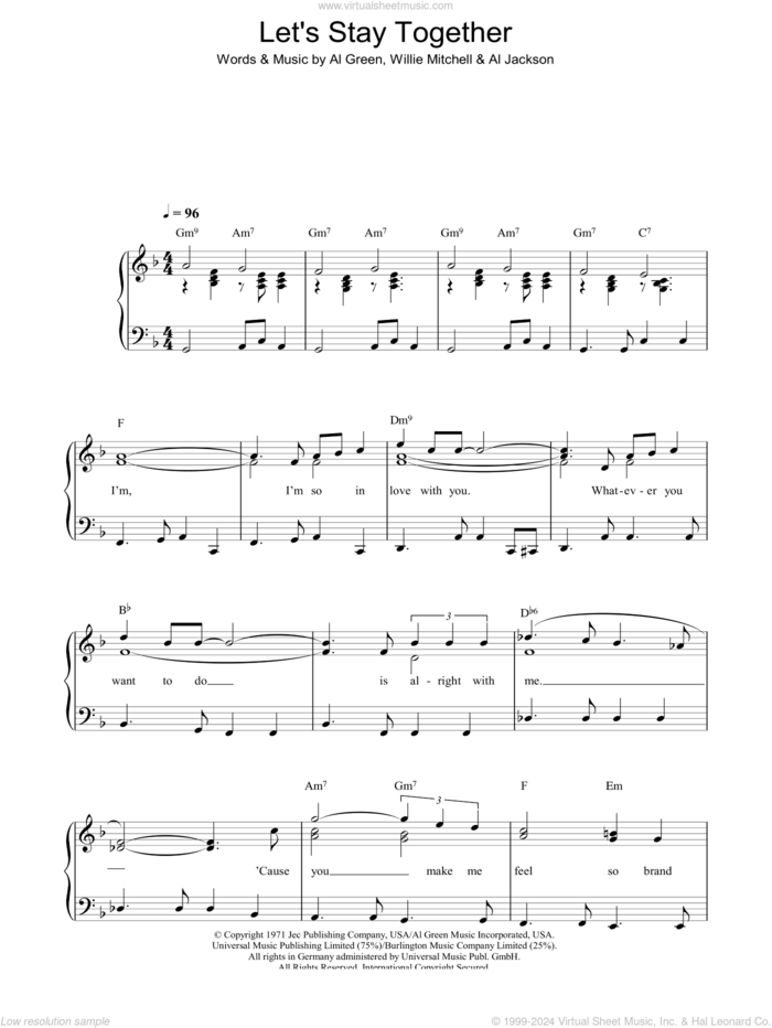 Let's Stay Together sheet music for piano solo by Al Green, Al Jackson and Willie Mitchell, easy skill level