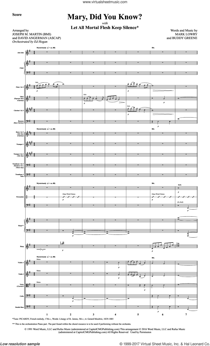Mary, Did You Know? (with 'Let All Mortal Flesh Keep Silence') (COMPLETE) sheet music for orchestra/band by David Angerman, Joseph M. Martin, Joseph M. Martin and David Angerman, Buddy Greene, Kathy Mattea and Mark Lowry, intermediate skill level