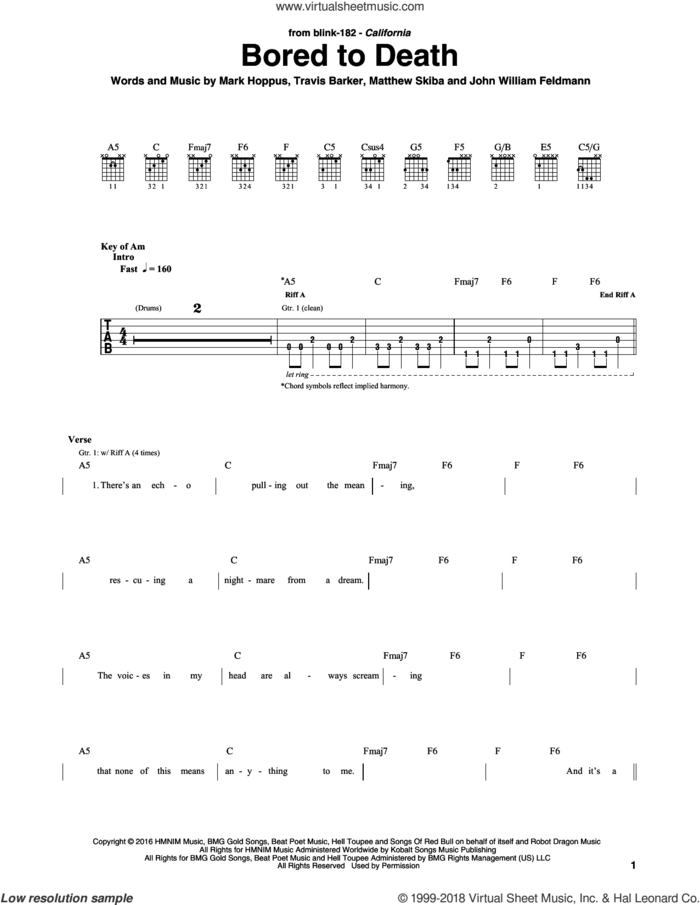 Bored To Death sheet music for guitar (rhythm tablature) by Blink 182, John William Feldmann, Mark Hoppus, Matthew Skiba and Travis Barker, intermediate skill level