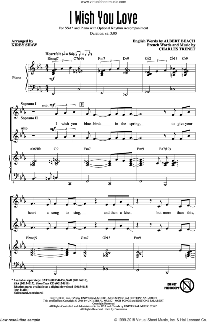 I Wish You Love sheet music for choir (SSA: soprano, alto) by Charles Trenet, Kirby Shaw, Gloria Lynne and Albert Beach, intermediate skill level