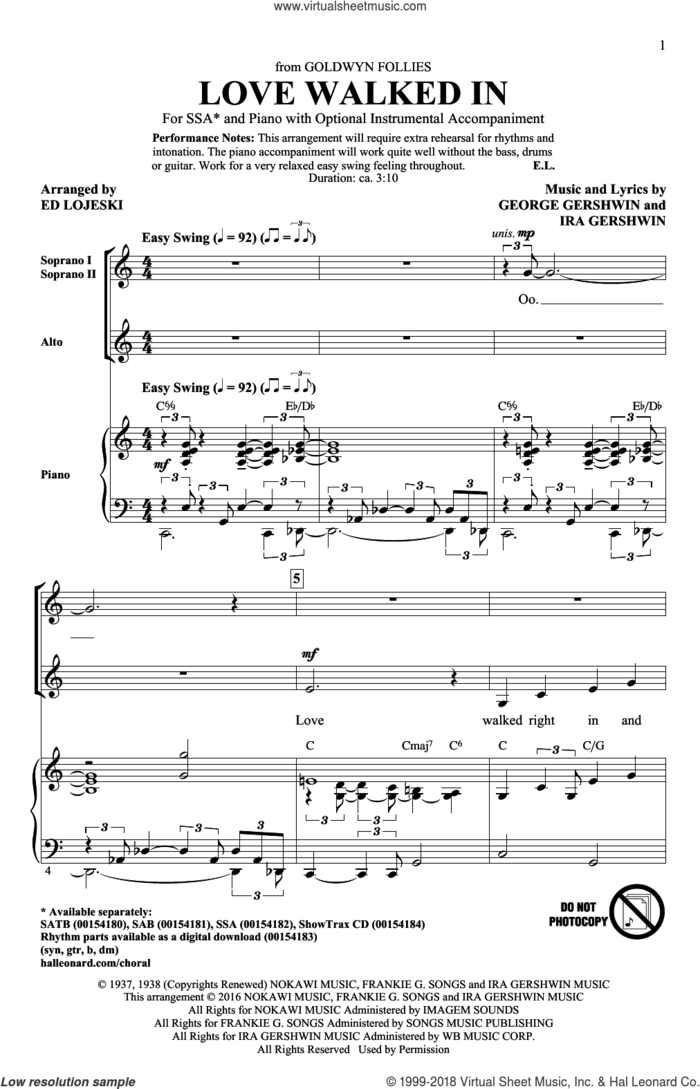 Love Walked In sheet music for choir (SSA: soprano, alto) by George Gershwin, Ed Lojeski and Ira Gershwin, intermediate skill level