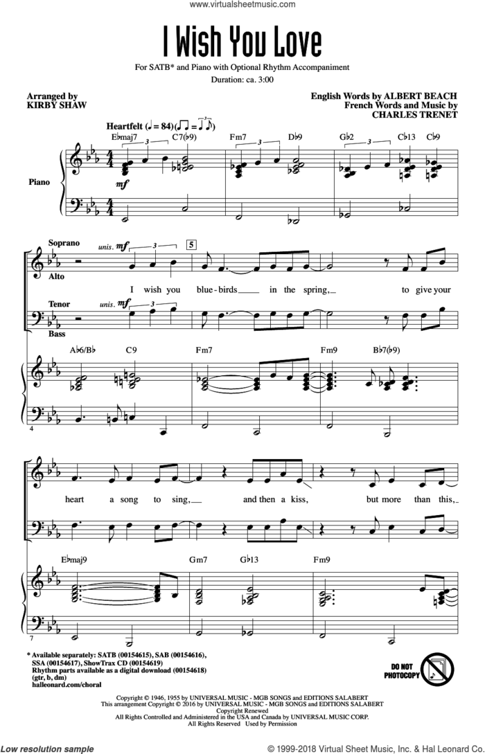 I Wish You Love sheet music for choir (SATB: soprano, alto, tenor, bass) by Charles Trenet, Kirby Shaw, Gloria Lynne and Albert Beach, intermediate skill level