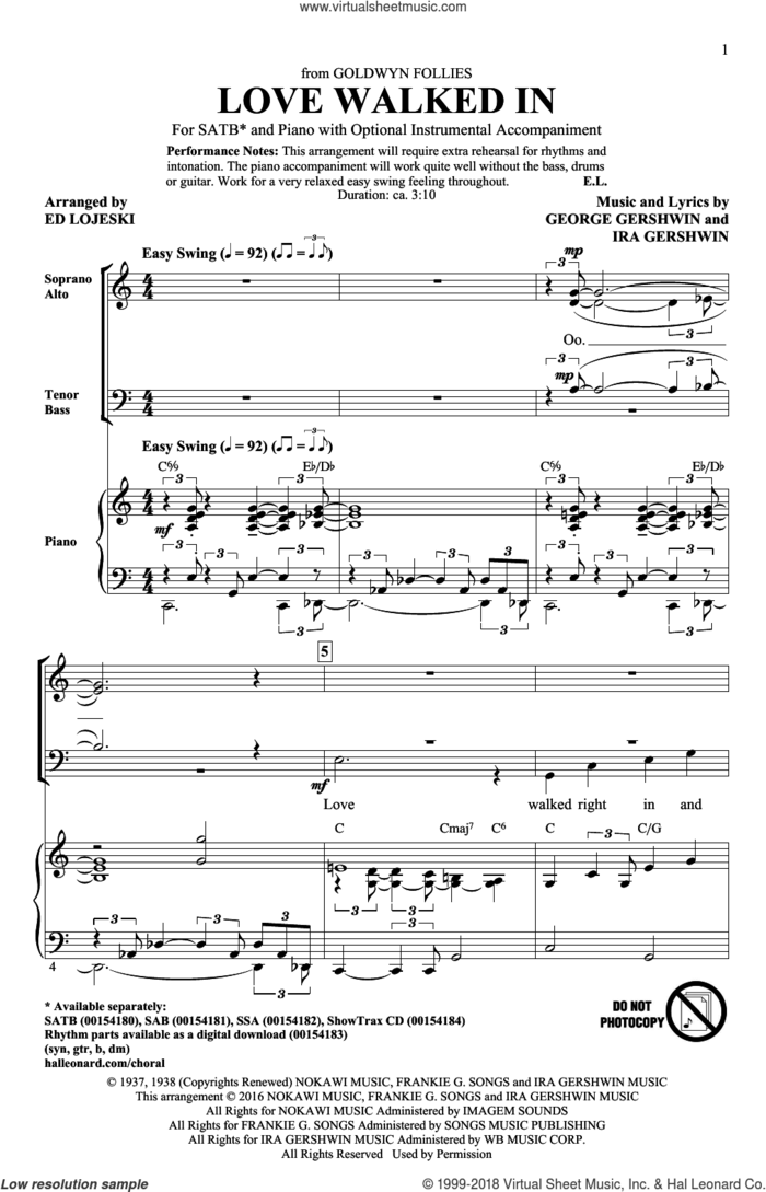 Love Walked In sheet music for choir (SATB: soprano, alto, tenor, bass) by George Gershwin, Ed Lojeski and Ira Gershwin, intermediate skill level