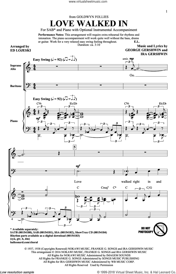 Love Walked In sheet music for choir (SAB: soprano, alto, bass) by George Gershwin, Ed Lojeski and Ira Gershwin, intermediate skill level