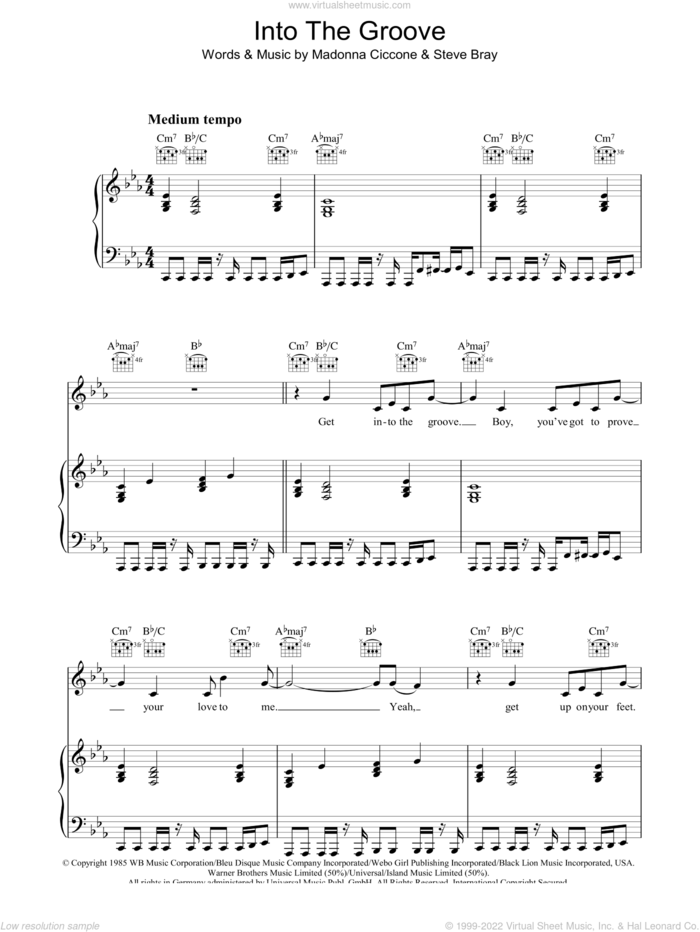 Into The Groove sheet music for voice, piano or guitar by Madonna and Stephen Bray, intermediate skill level