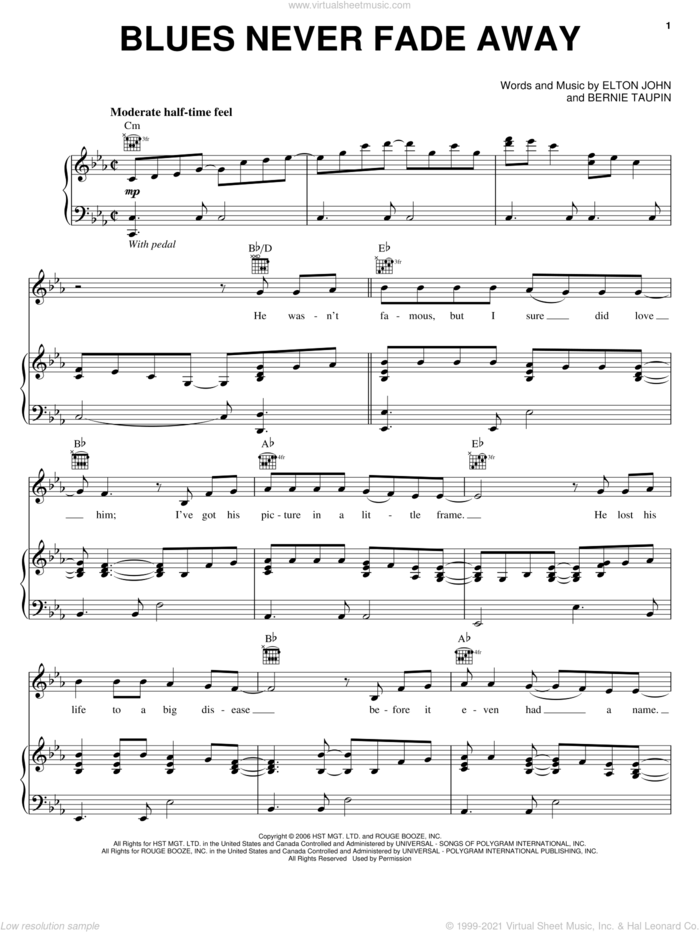 Blues Never Fade Away sheet music for voice, piano or guitar by Elton John and Bernie Taupin, intermediate skill level