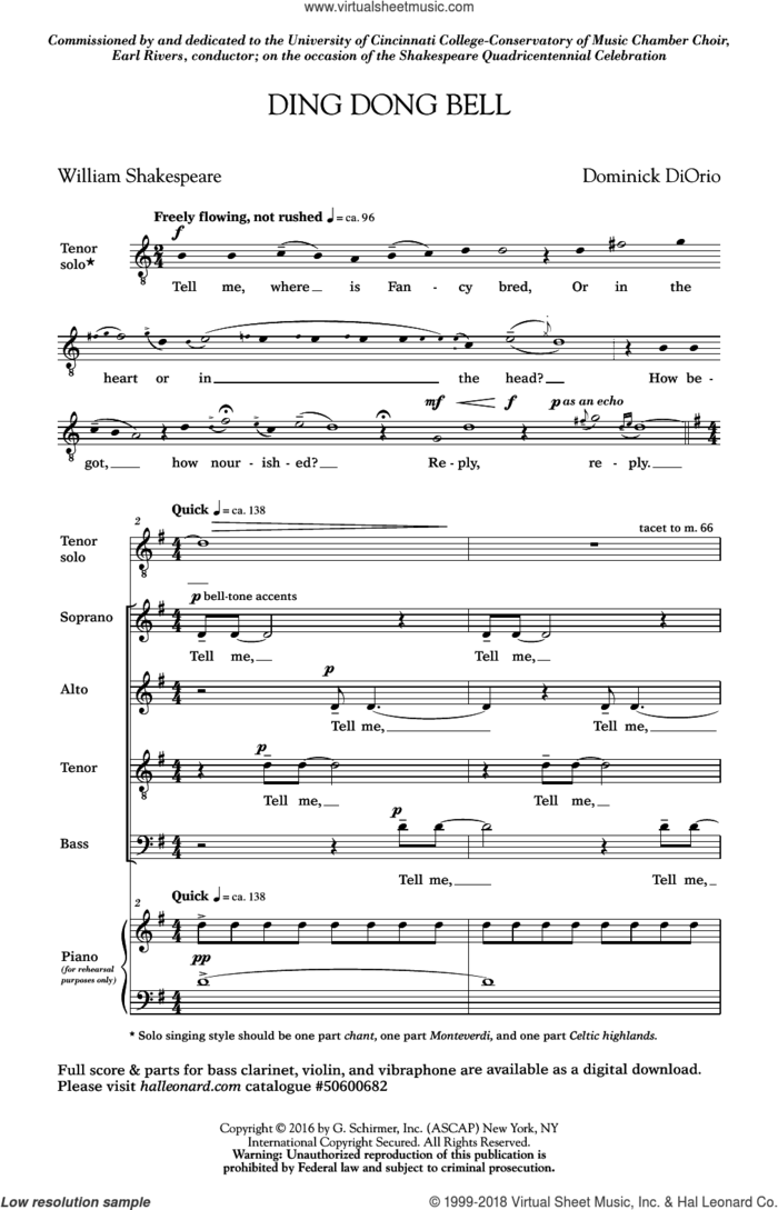 Ding Dong Bell sheet music for choir (SATB: soprano, alto, tenor, bass) by Dominick Diorio and William Shakespeare, intermediate skill level