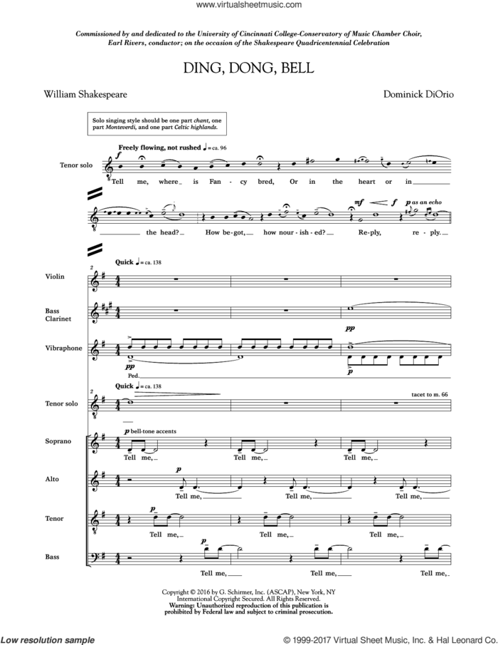Ding, Dong, Bell (COMPLETE) sheet music for orchestra/band by William Shakespeare, Dominick DiOrio and Dominick Diorio, intermediate skill level