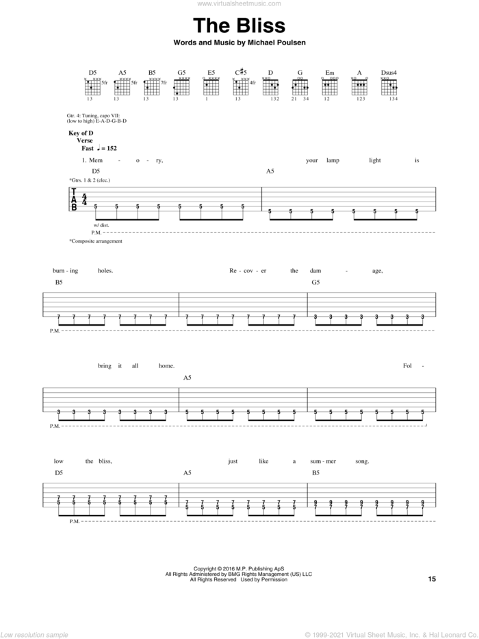 The Bliss sheet music for guitar (rhythm tablature) by Volbeat and Michael Poulsen, intermediate skill level