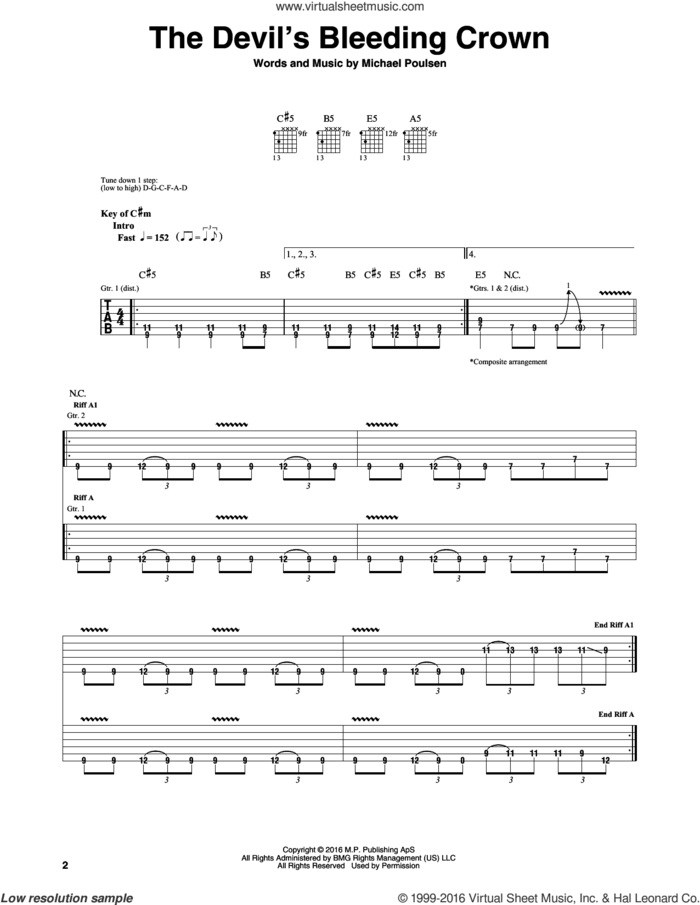The Devil's Bleeding Crown sheet music for guitar (rhythm tablature) by Volbeat and Michael Poulsen, intermediate skill level