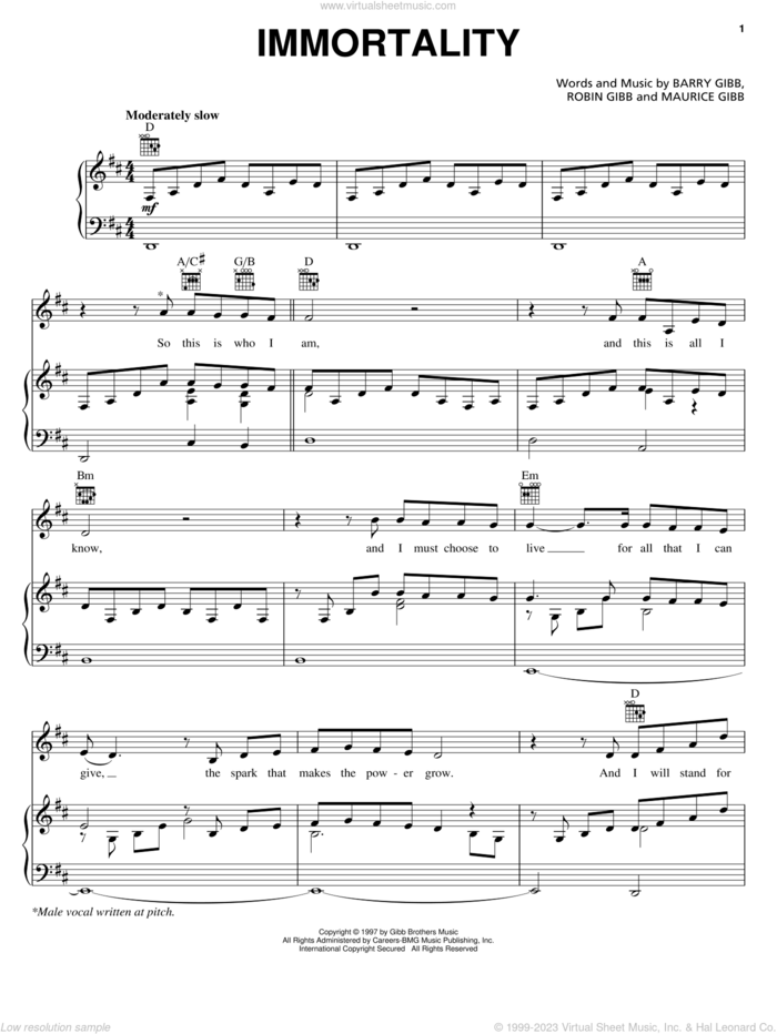 Immortality (feat. Celine Dion) sheet music for voice, piano or guitar by Bee Gees, Celine Dion, Barry Gibb, Maurice Gibb and Robin Gibb, intermediate skill level