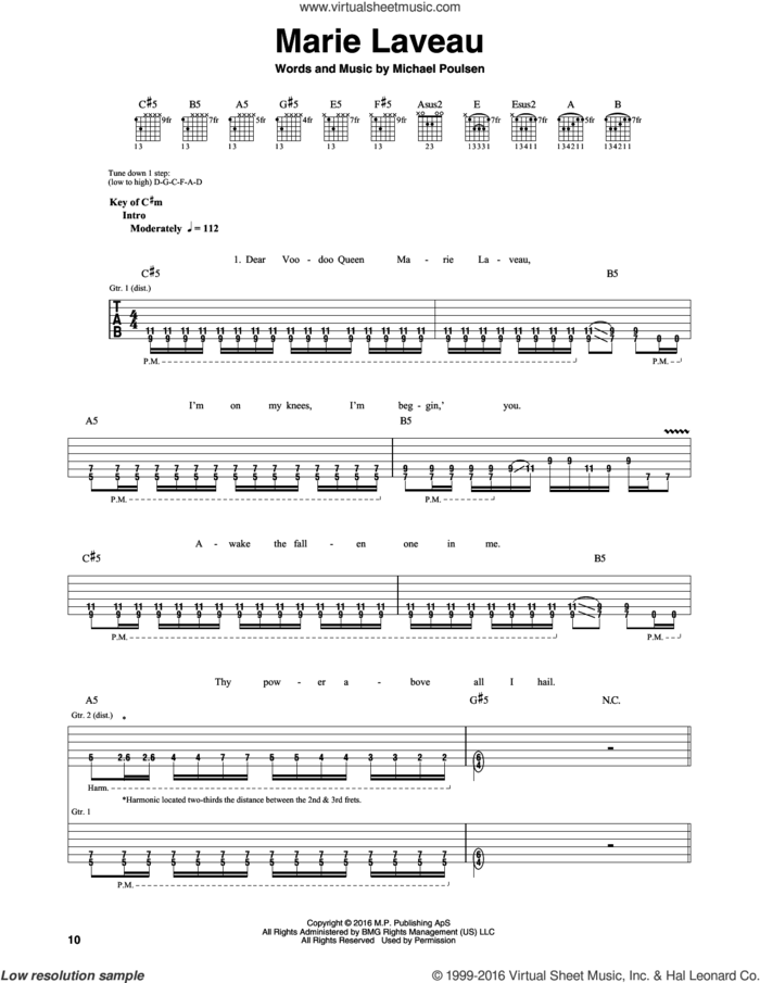 Marie Laveau sheet music for guitar (rhythm tablature) by Volbeat and Michael Poulsen, intermediate skill level