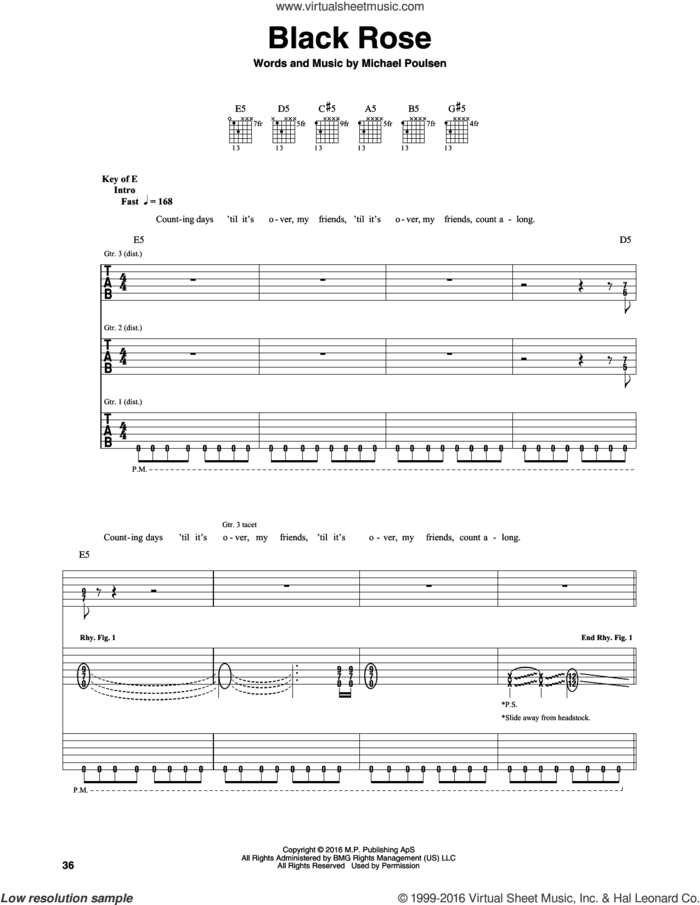 Black Rose sheet music for guitar (rhythm tablature) by Volbeat and Michael Poulsen, intermediate skill level