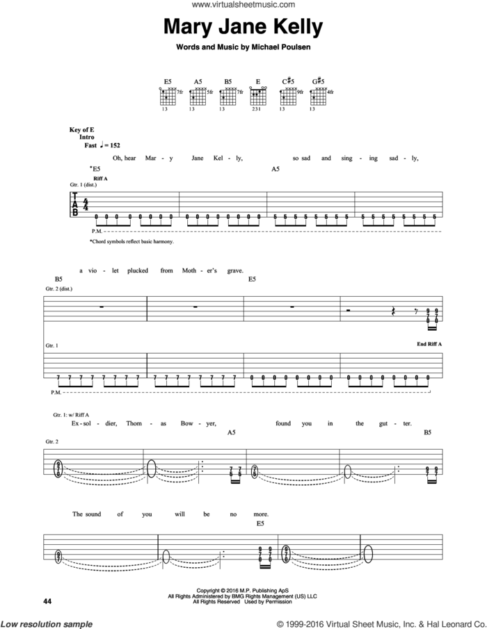 Mary Jane Kelly sheet music for guitar (rhythm tablature) by Volbeat and Michael Poulsen, intermediate skill level