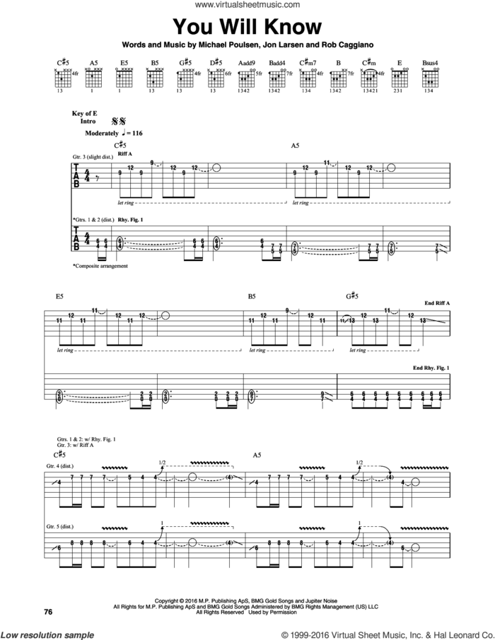 You Will Know sheet music for guitar (rhythm tablature) by Volbeat, Jon Larsen, Michael Poulsen and Rob Caggiano, intermediate skill level