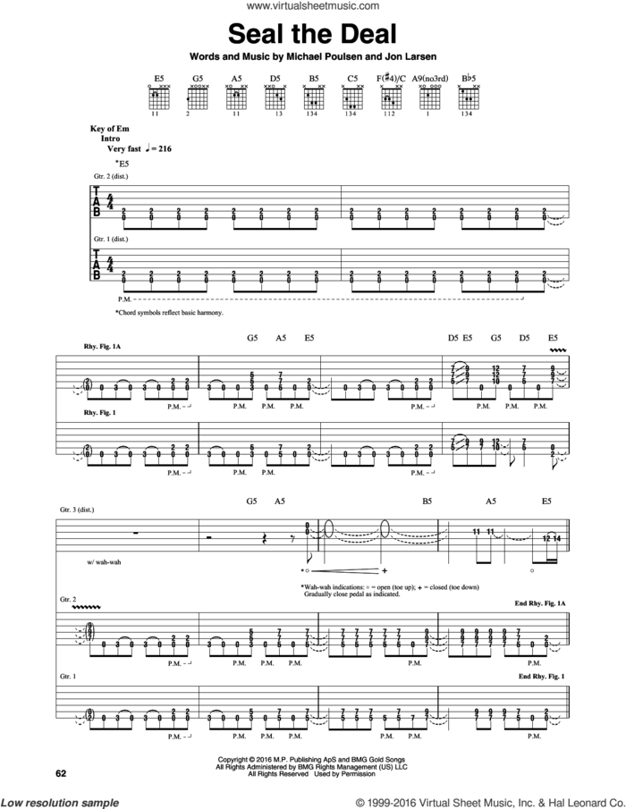 Seal The Deal sheet music for guitar (rhythm tablature) by Volbeat, Jon Larsen and Michael Poulsen, intermediate skill level