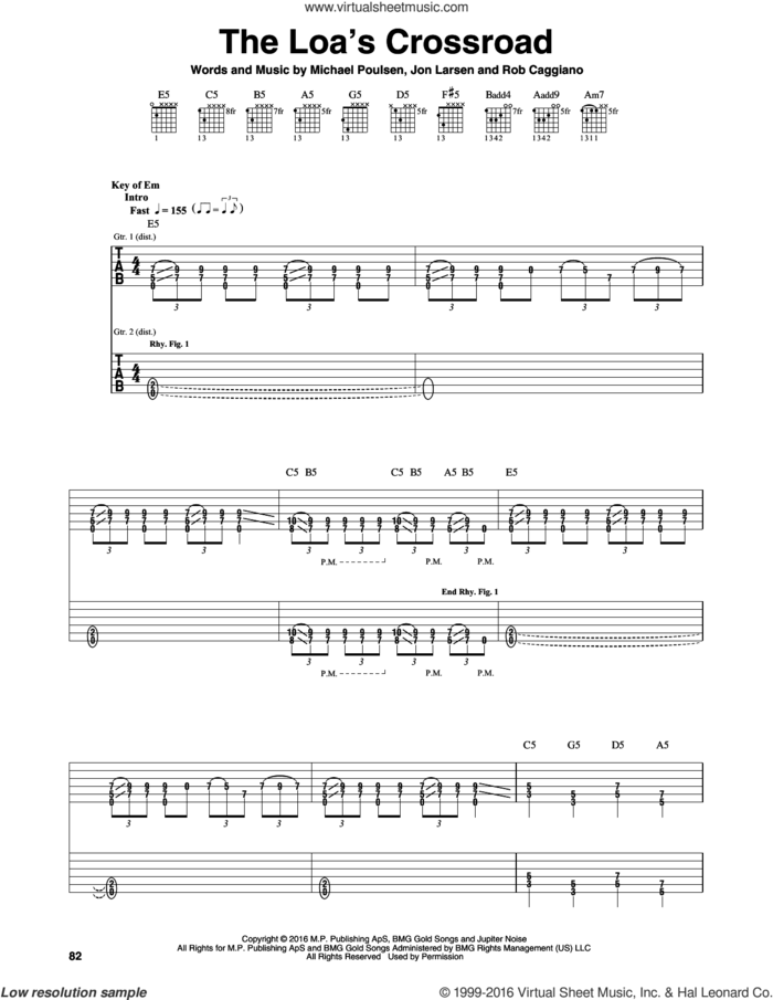 The Loa's Crossroad sheet music for guitar (rhythm tablature) by Volbeat, Jon Larsen, Michael Poulsen and Rob Caggiano, intermediate skill level