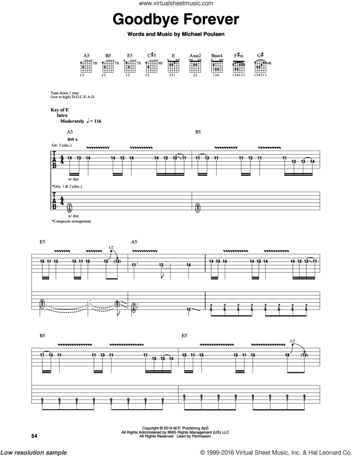 Goodbye Forever sheet music for guitar (rhythm tablature) by Volbeat and Michael Poulsen, intermediate skill level