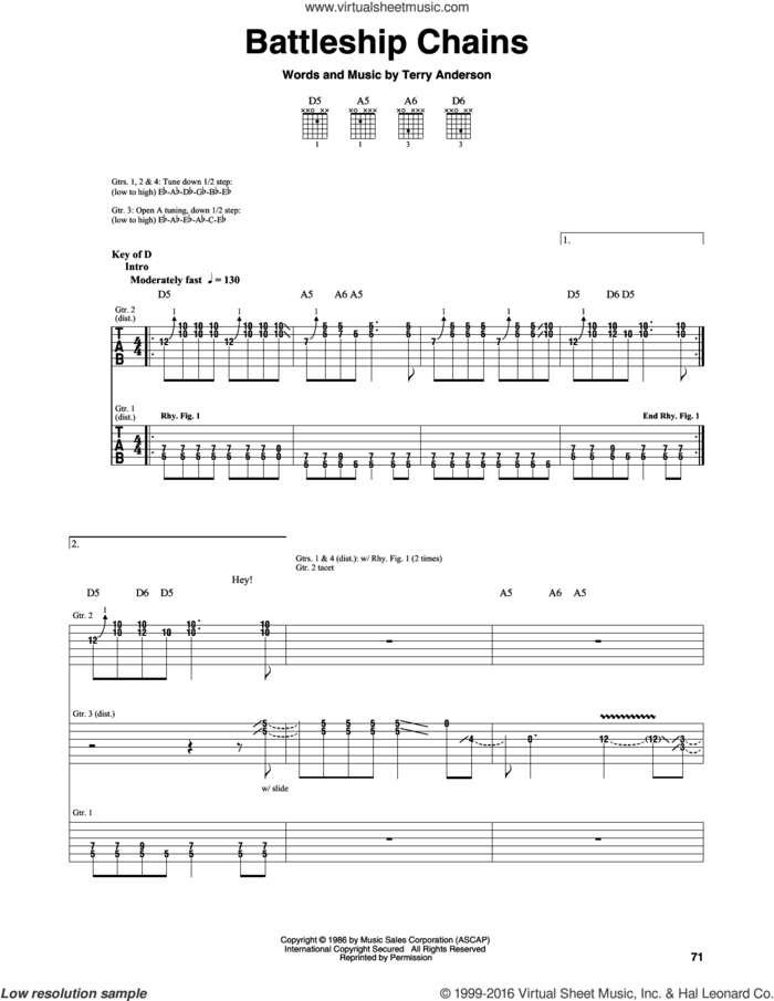 Battleship Chains sheet music for guitar (rhythm tablature) by Volbeat, Georgia Satellites and Terry Anderson, intermediate skill level